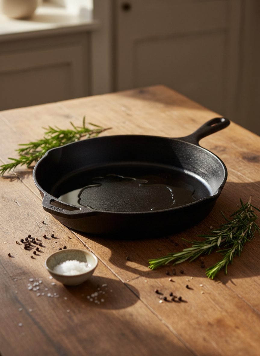 A well-seasoned 12-inch cast iron skillet with a deep black satin patina sits on a rustic wooden kitchen island, its surface gleaming with a thin sheen of oil. Around it lie scattered raw ingredients: vibrant green rosemary sprigs, cracked peppercorns, and a small bowl of flaky sea salt. Soft morning sunlight filters through an unseen window, grazing the skillet’s gently curved sides and casting crisp shadows on the grain of the wood. Photographic realism, shot from a slightly elevated angle using shallow depth of field, keeping the skillet in sharp focus while the background fades into a soft, neutral blur. The mood is professional yet inviting, conveying confidence and timeless reliability in cast iron cooking.