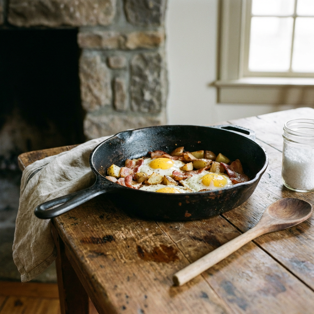 Cast-iron skillet with sunny-side-up eggs, bacon, and potatoes on a rustic wooden table.