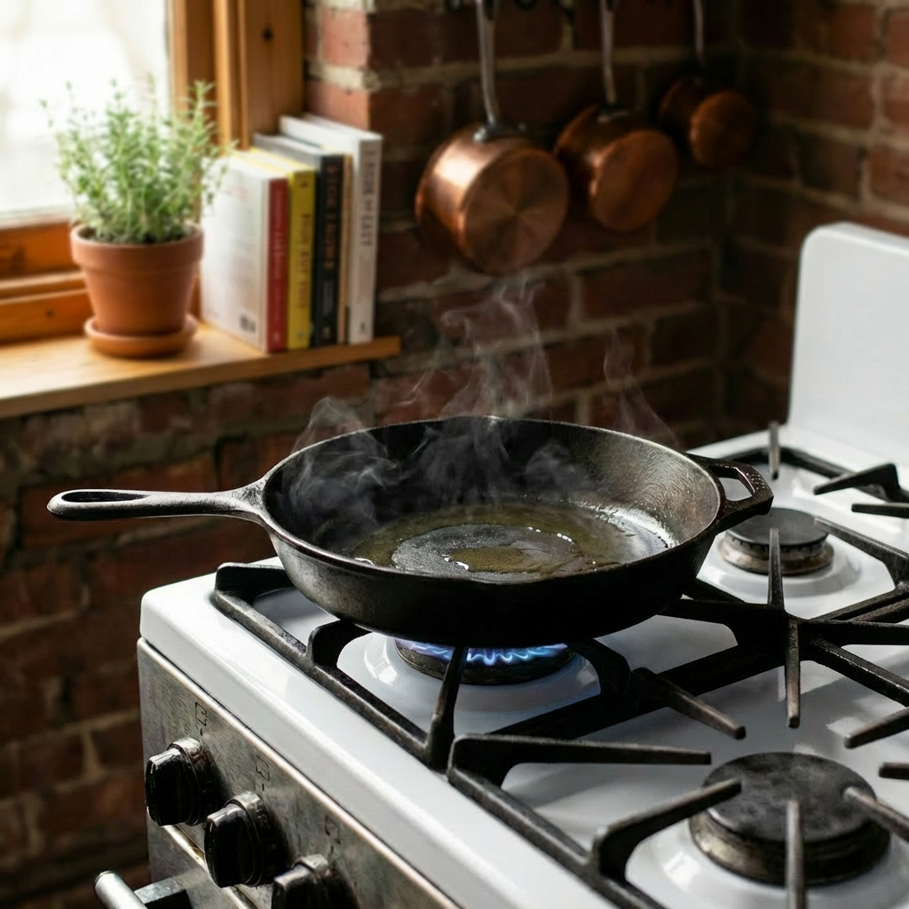 Cast iron skillet on a gas stove with smoke rising from heated oil.